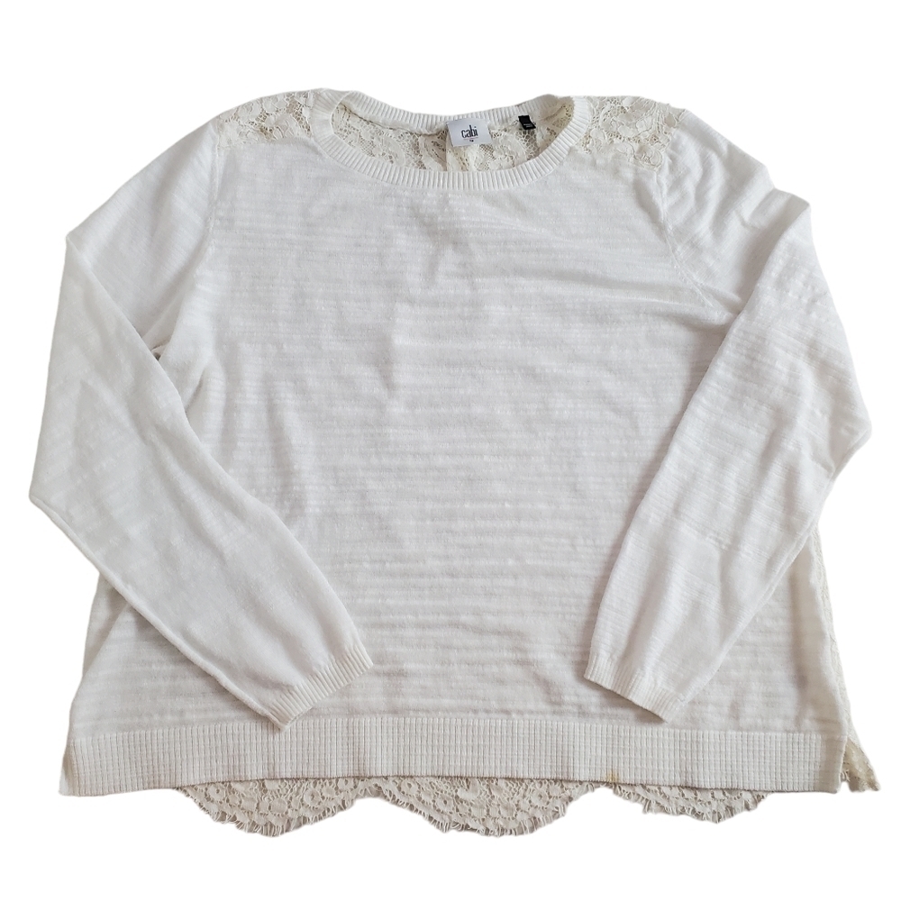 Cabi Sweater Womens L Large Back Lace Off white #5005‎ Lightweight Spring Knit